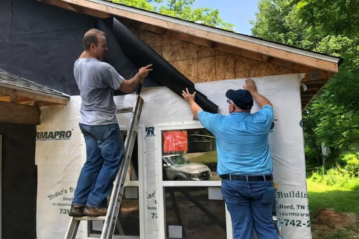 Volunteers working on a Habitat roof